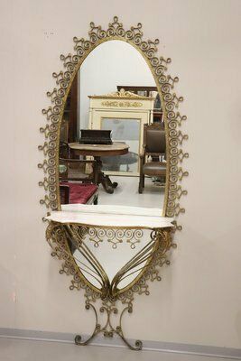 Large Mid 20th Century Oval Floor Mirror In Iron With Consolle Table In Marble Attributed To Pier Luigi Colli photo vintage