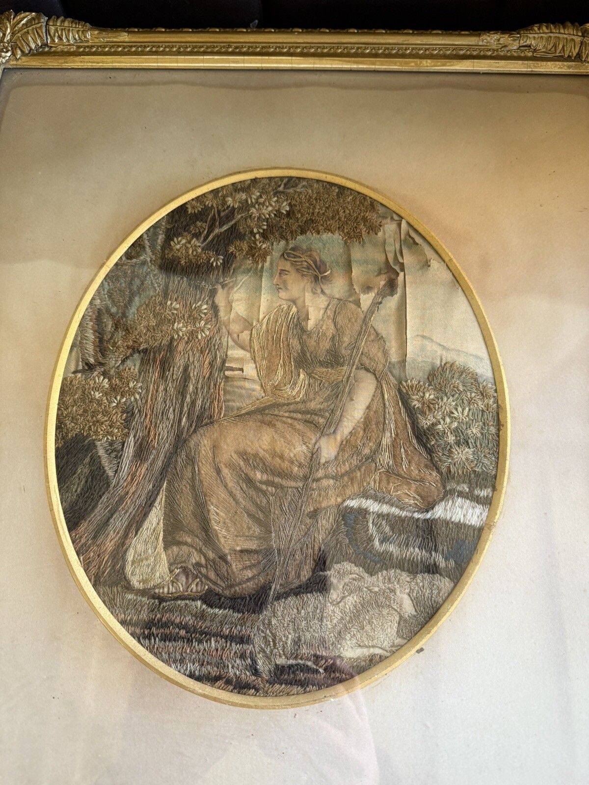 399.0 Pair Of Antique Silk Embroidery Pictures Tapestry Gilt Frame Seated Ladies photo