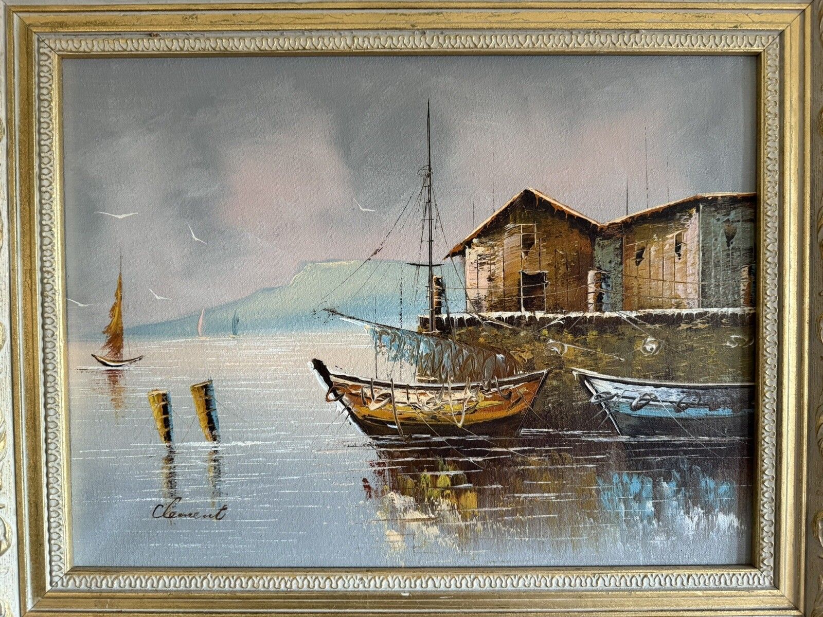 Antique Oil Painting On Canvas Fishing Boats At Bay Signed Clement Gilt & Cream photo furniture