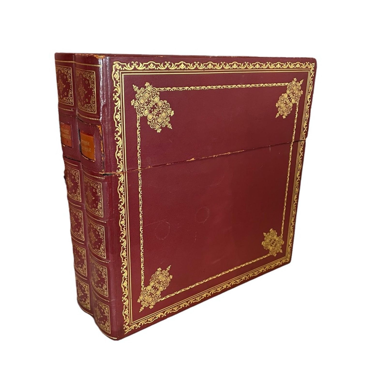 Two Mid Century Leather And Gilt Faux Book Boxes photo for sale