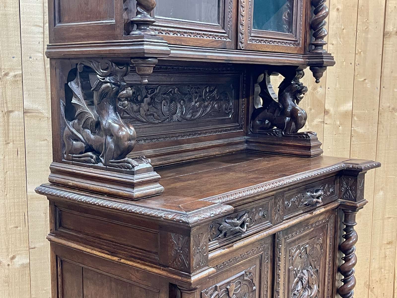 Renaissance 2 Body Sideboard On The Theme Of Hunting And Fishing, 19th Century Work In Oak photo Furniture