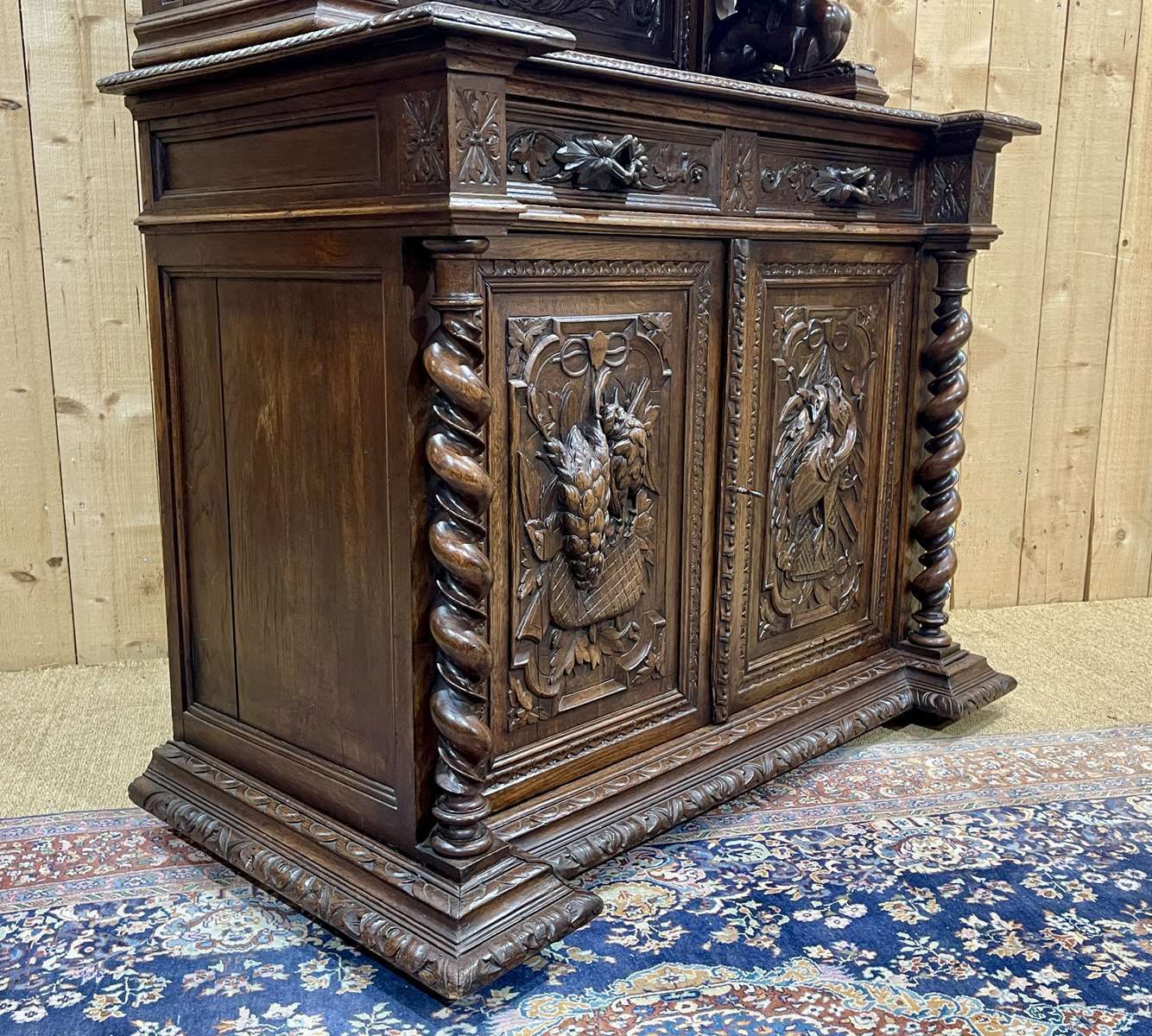 photo buy Renaissance 2 Body Sideboard On The Theme Of Hunting And Fishing, 19th Century Work In Oak