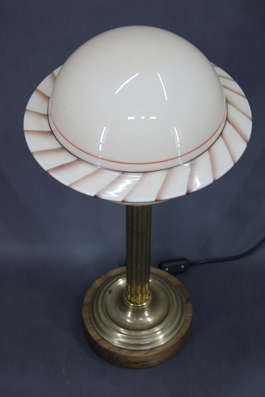 1940s Restored Brass Table Lamp With Wooden Base And Glass Shade photo for sale