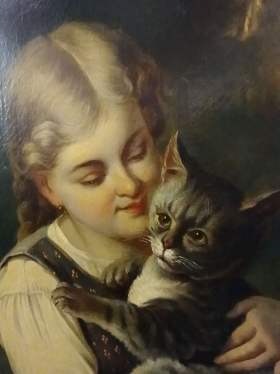 Rudolf Epp (1834 1910) Young Girl Holding A Cat, Oil Painting photo vinterior