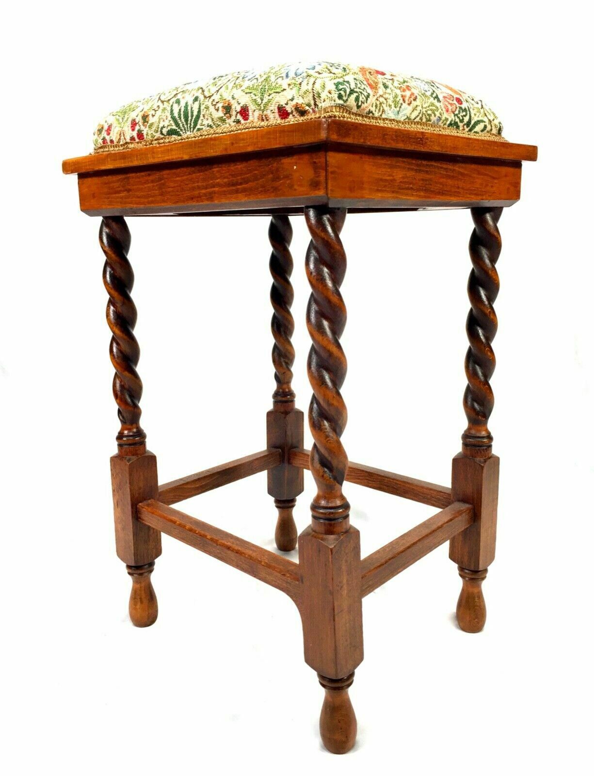 Antique Solid Oak Arts And Crafts Barley Twist Stool / Seat C1920 Nouveau Fabric photo vinterior