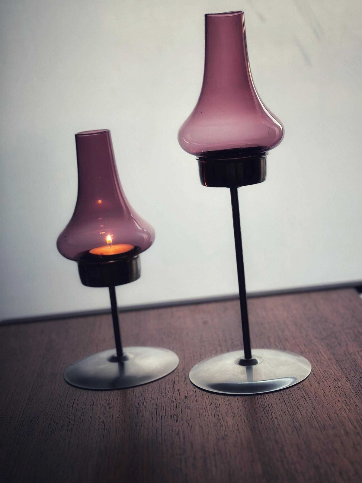 Vintage 1960s Scandi Style Candle Holders   Amethyst Glass   Old Hall Uk