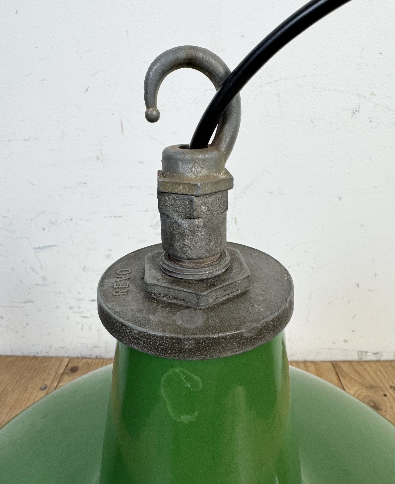 Industrial Green Enamel Factory Pendant Lamp From Revo, 1950s, 4x photo furniture