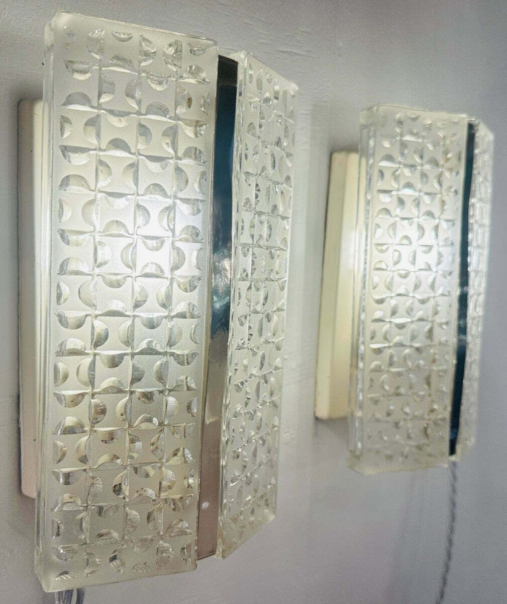 Pair Of 1960s Kaiser Leuchten Frosted Glass & Chrome Wall Lights photo 394.0