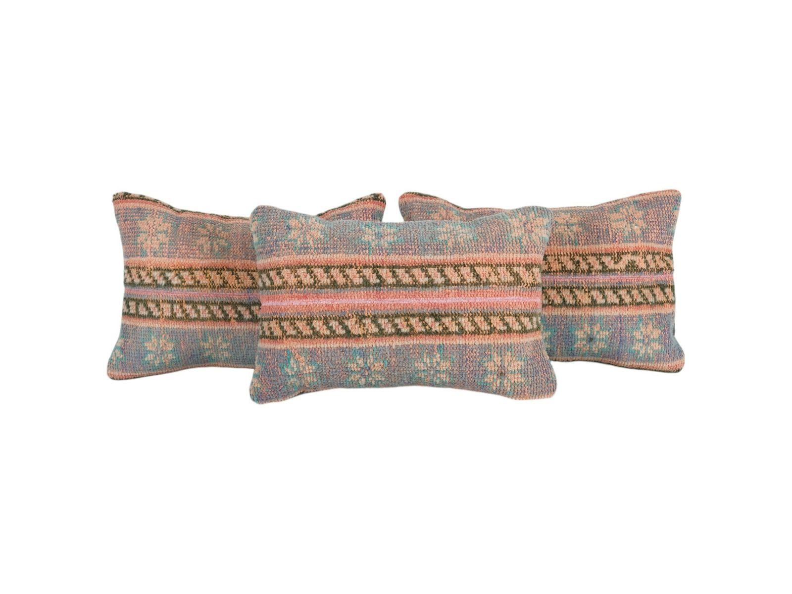 Set Of Three Turkish Oushak Rug Pillow Cover, Matching Pink And Blue Boho Woven Lumbar  Pillow Cover