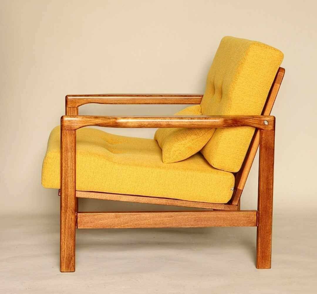 Yellow Curry Vintage Armchair Mid  Century Design Cushions, Poland , 1960