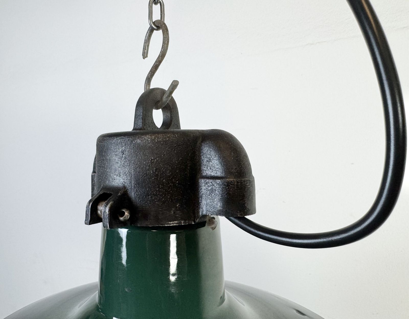 Industrial French Dark Green Enamel Factory Pendant Lamp, 1960s, 5x photo Lighting