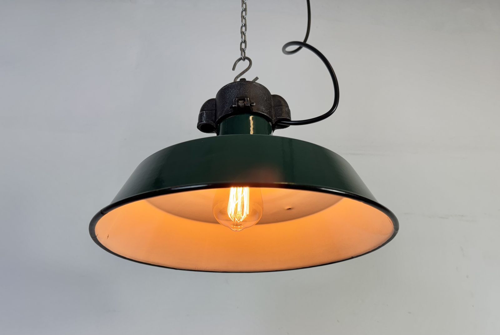 photo for sale Industrial French Dark Green Enamel Factory Pendant Lamp, 1960s, 5x