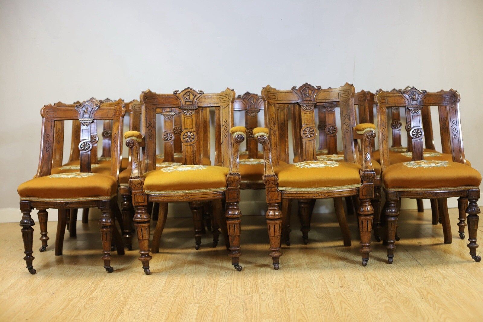 Stunning Set Of Fourteen Victorian Pollard Oak Dinning Chairs photo for sale