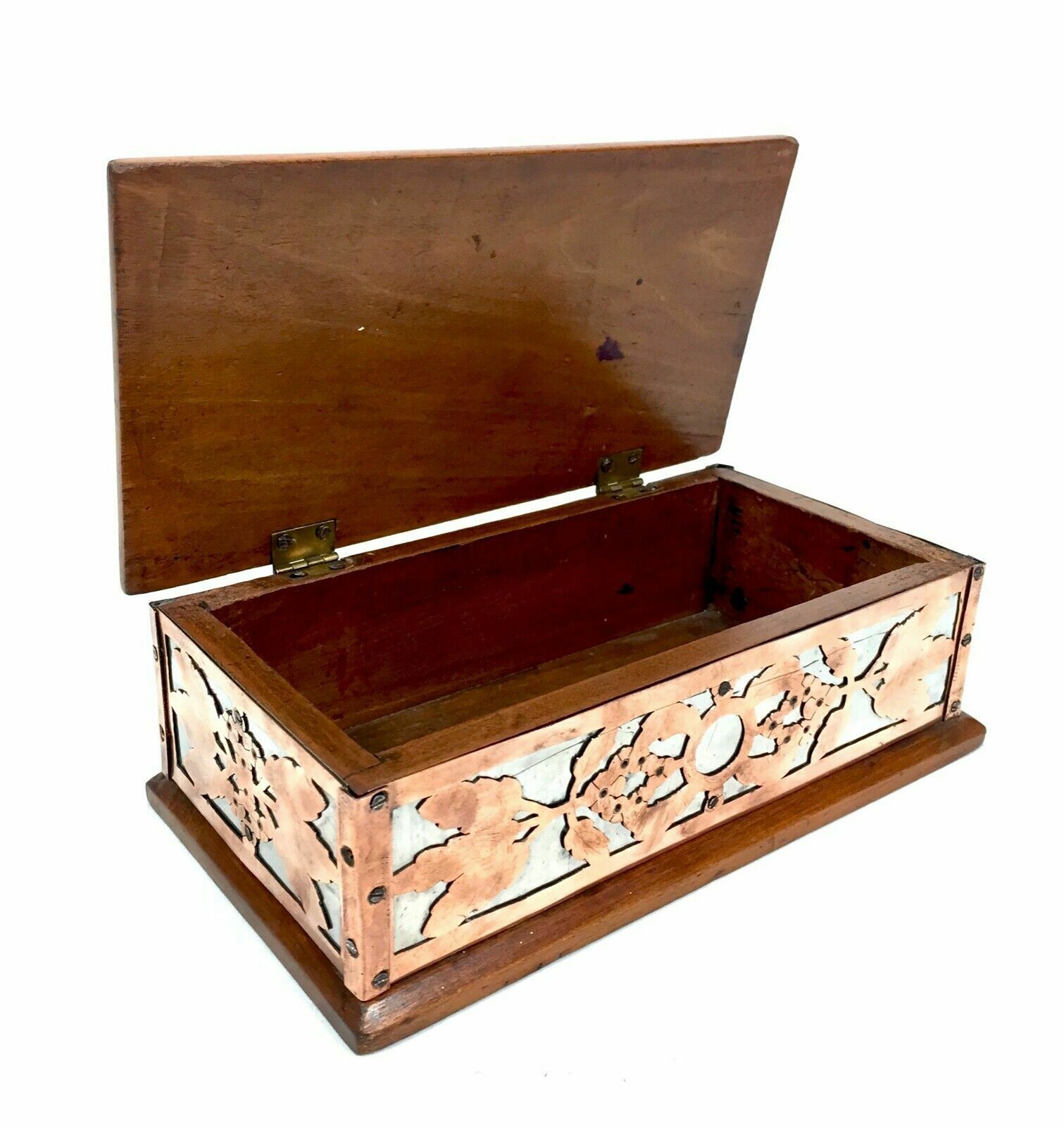 Antique Arts & Crafts Copper & Pewter Walnut Trinket Box Ruskin Cabochon Inlay photo vinterior