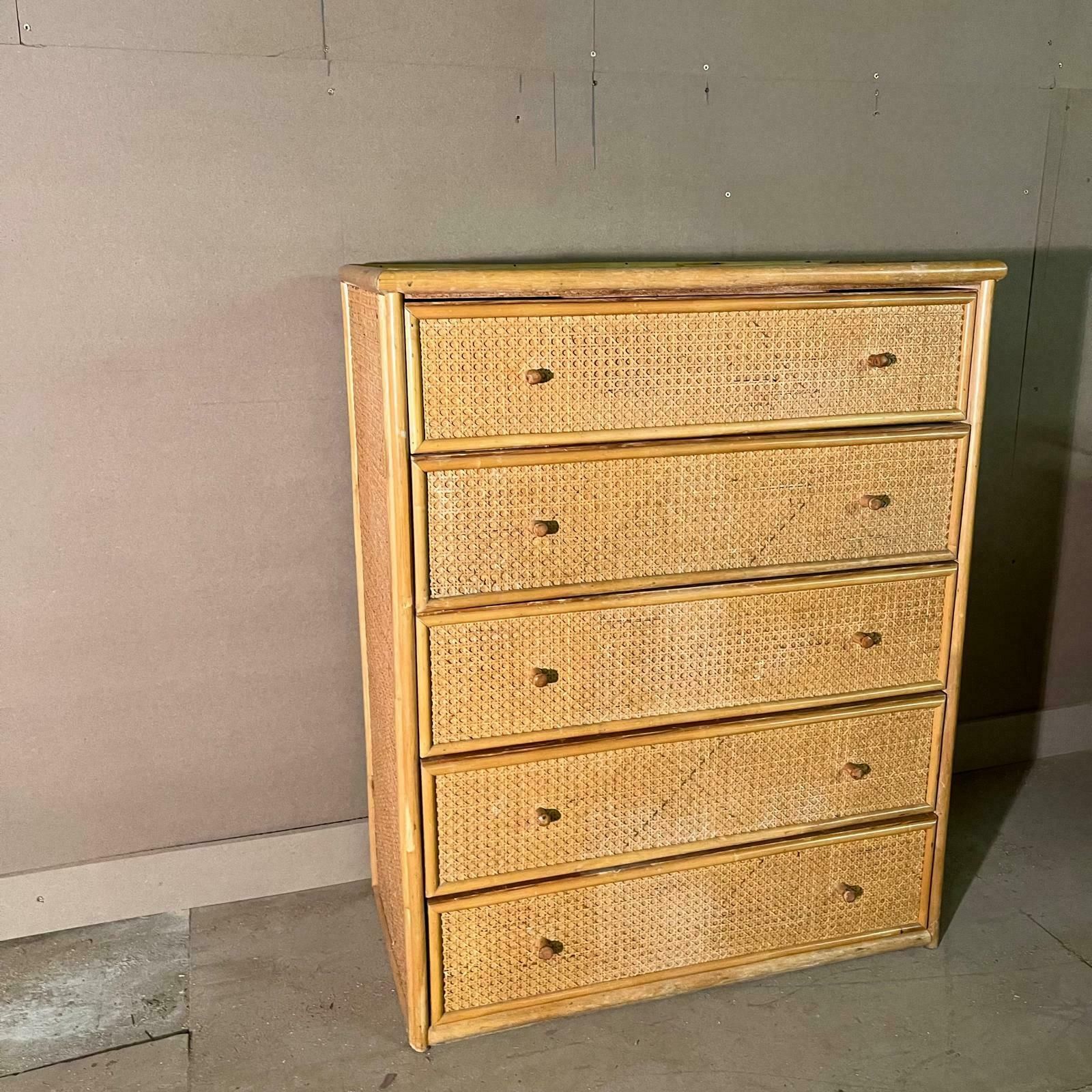 Mid Century Rattan Chest Of Drawers With 5 Drawers And Bamboo Handles photo vintage