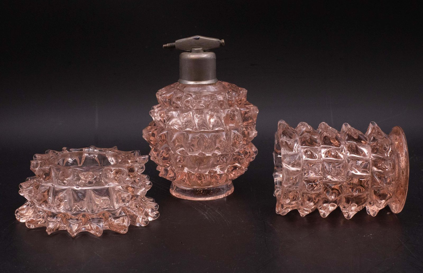 Rare Set Of 3 Pink Rostrato Murano Glass Vases By Barovier & Toso, 1940s photo for sale
