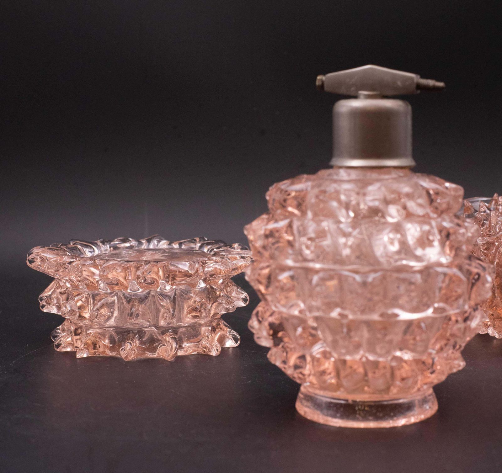 photo for sale Rare Set Of 3 Pink Rostrato Murano Glass Vases By Barovier & Toso, 1940s