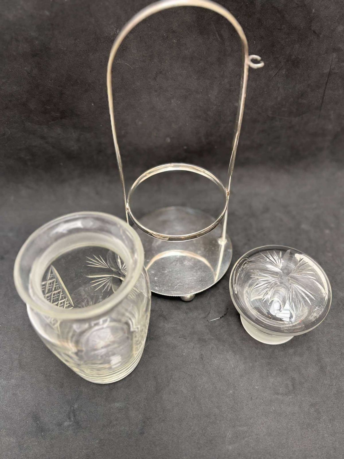 Pickles Jar Cut Crystal Silver Plated English 1890s 1900s Table Cruet Pickle Jar Caddy Glass Bottle On Stand photo vinterior