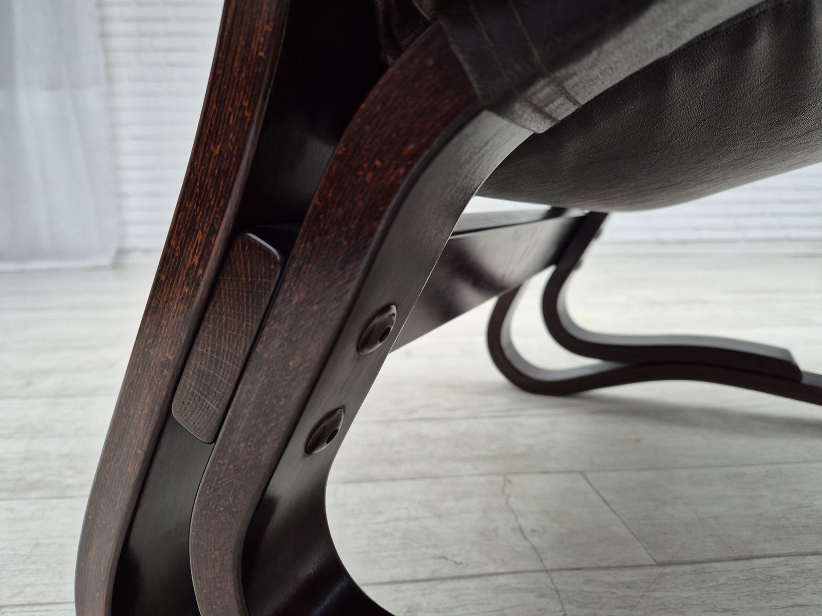 1050.0 1970s, Scandinavian Design, Lounge Chair, Original Condition, Leather, Bent Wood. photo