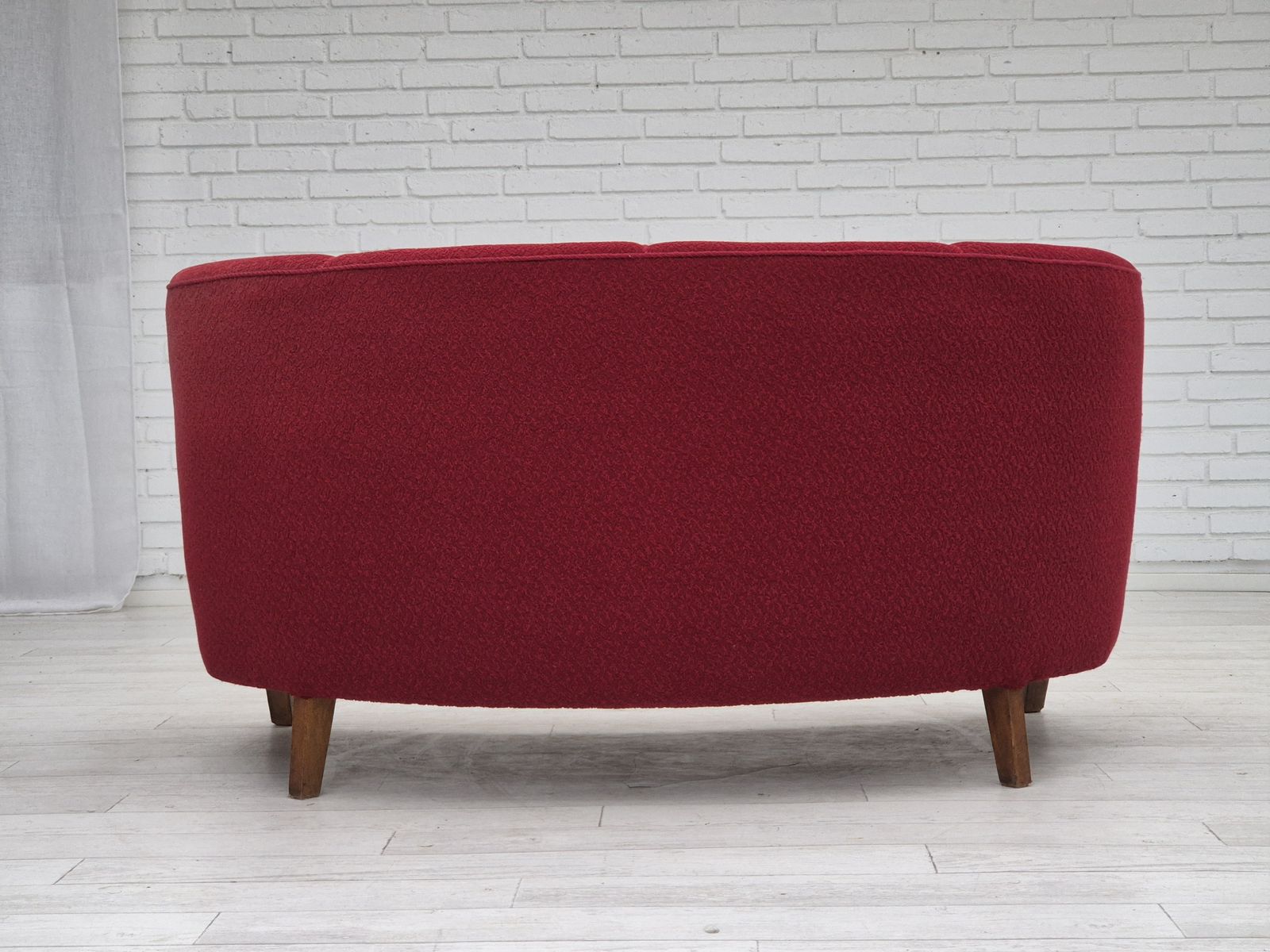 1960s, Danish 2 Seater Curved Sofa, Original Red Furniture Fabric. photo 1950.0