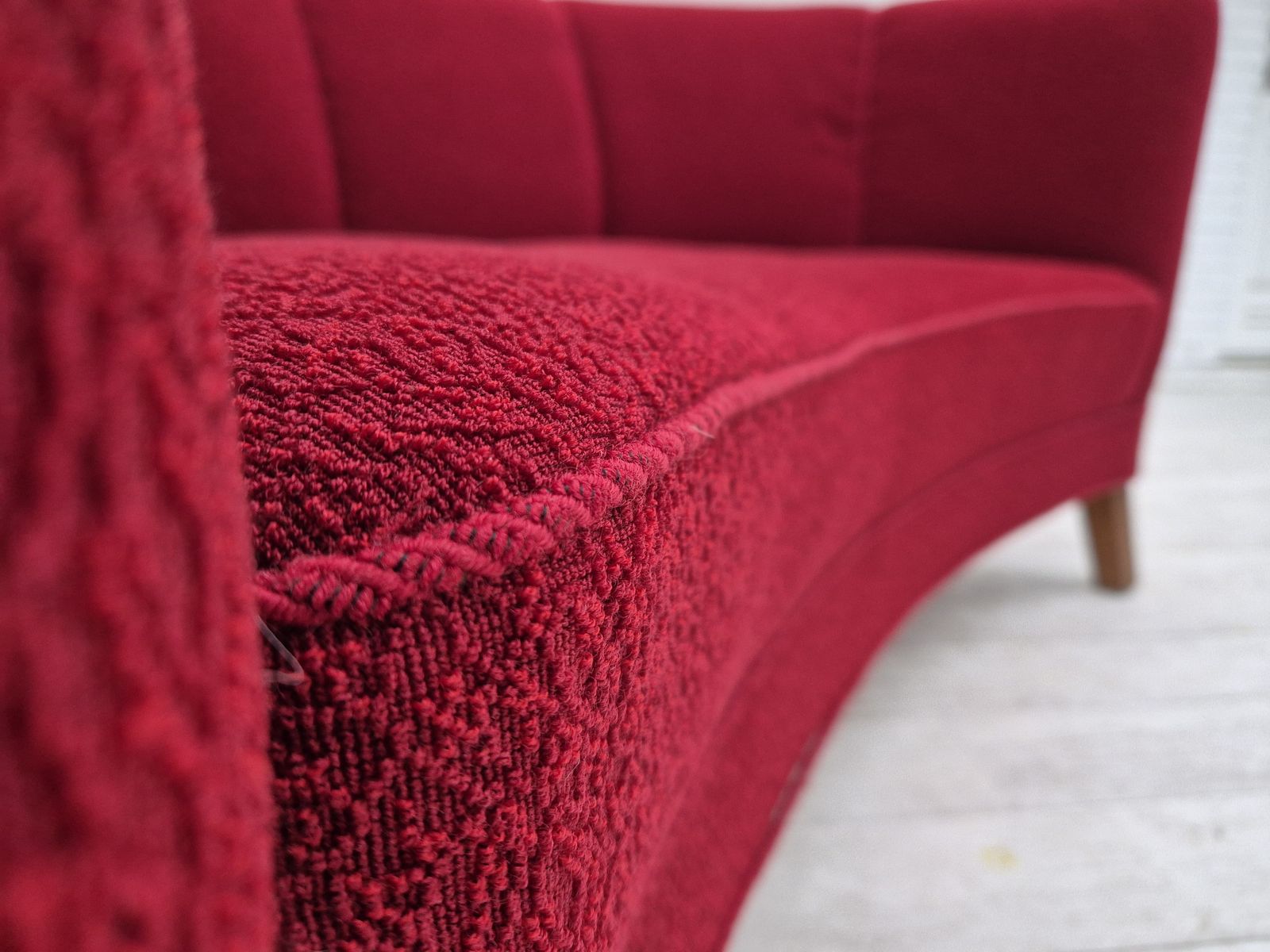 photo furniture 1960s, Danish 2 Seater Curved Sofa, Original Red Furniture Fabric.