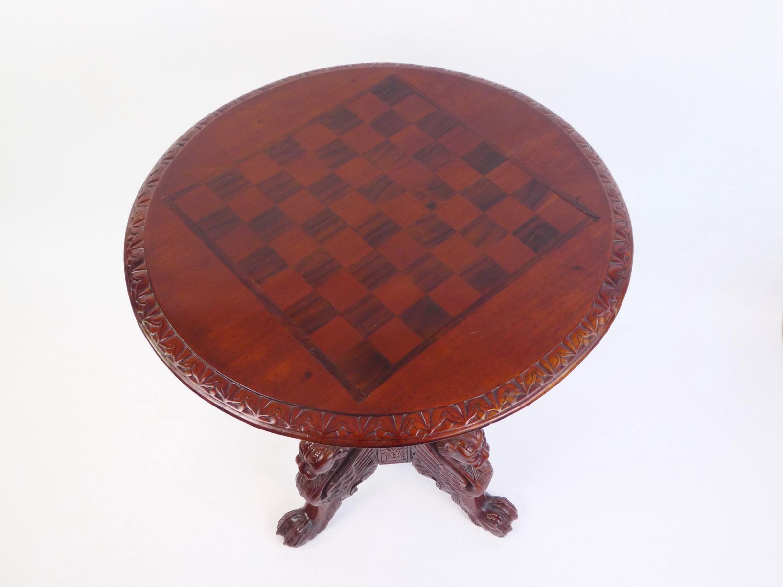 Antique English Mahogany Chess Table With Dragons, Carved Round Side Table, Unique Furniture photo 2638.0