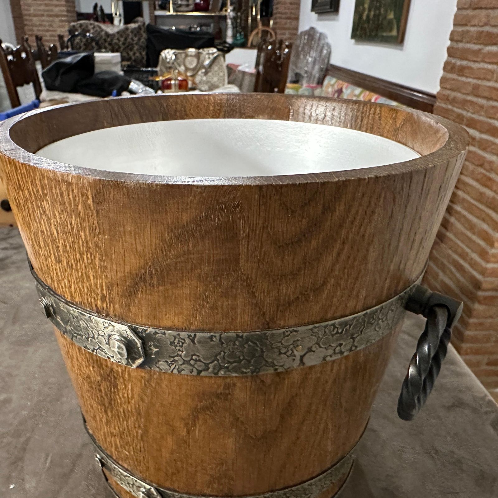 1970s Brutalist Oak Wood And Wrought Iron French Wine Cooler photo vintage