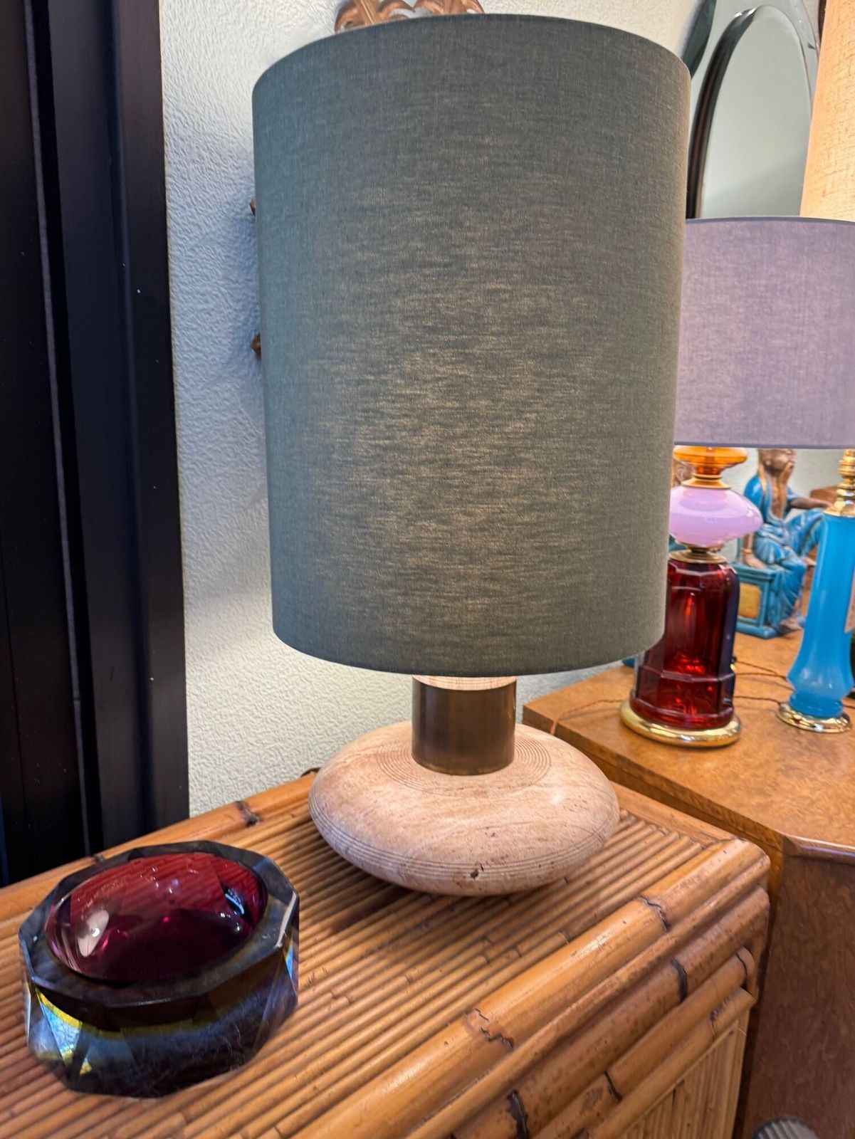 A Large 1970s Elliptical Italian Travertine And Brass Lamp By Fratelli Mannelli photo buy
