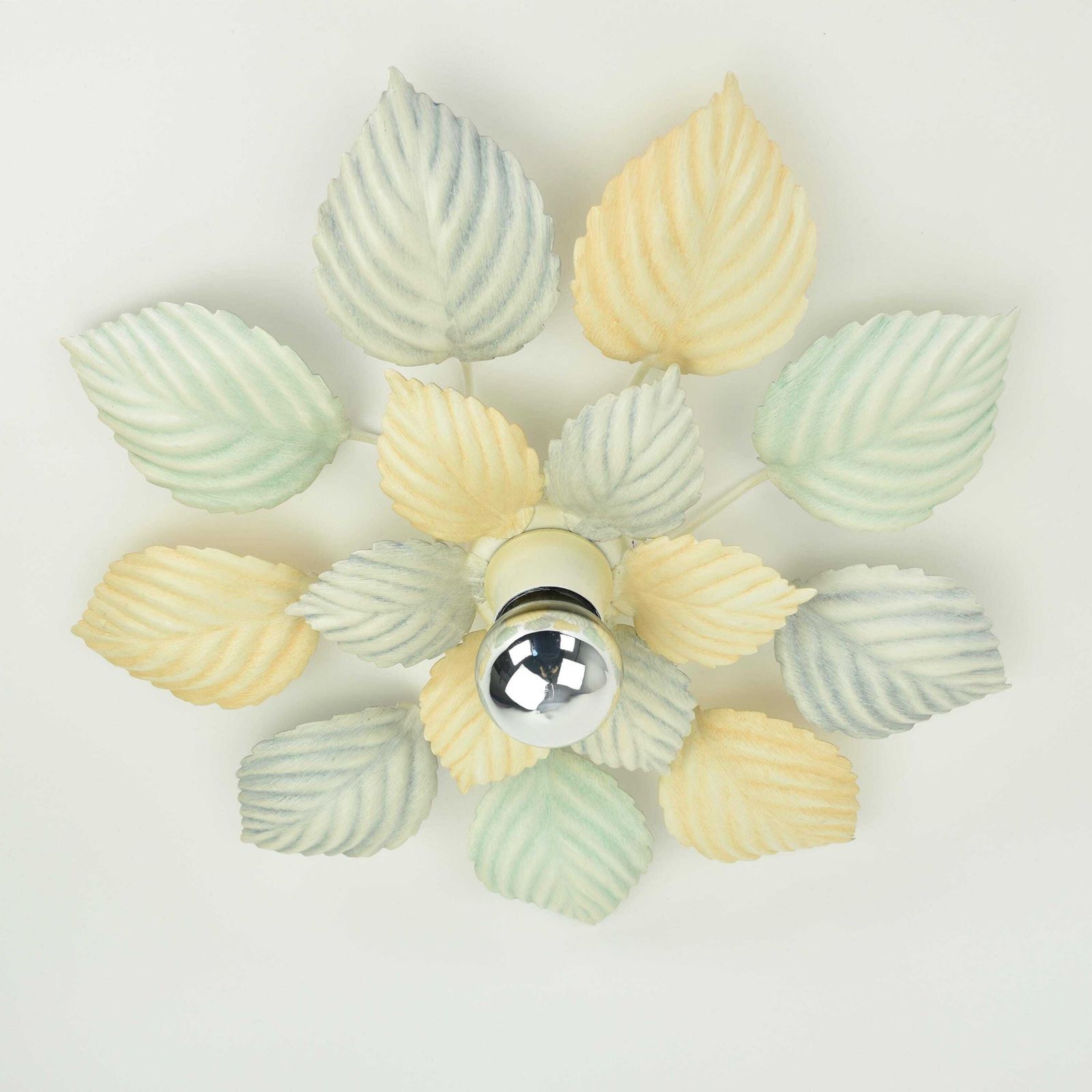 Vintage Pastel Flush Mount Or Wall Sconce Leafs Green Peach Light Blue | Mid Century Hollywood Regency Ceiling Lamp Toleware Retro 1980s photo furniture