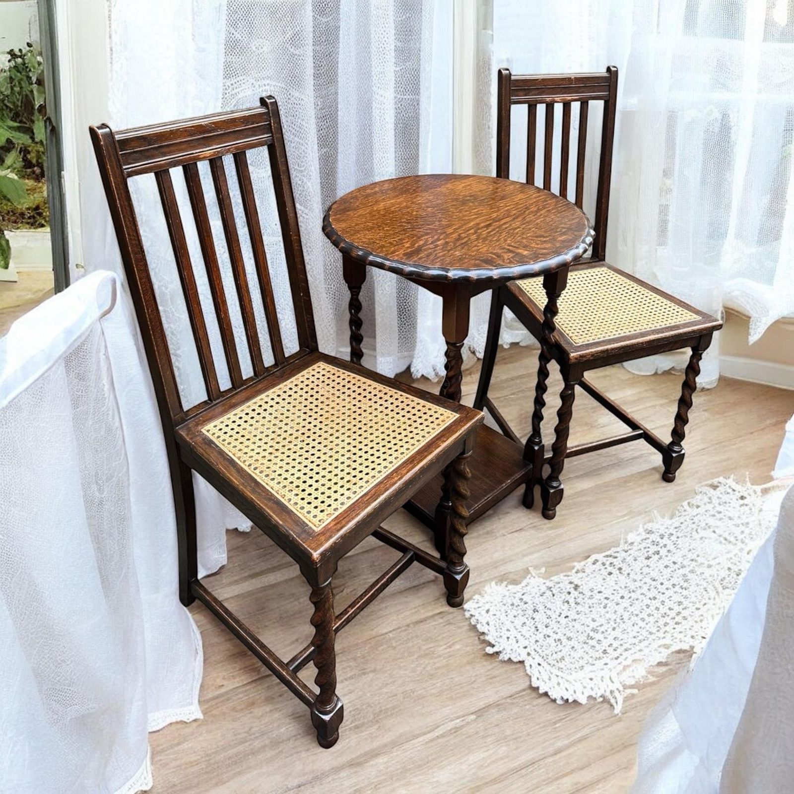 Antique Edwardian Chairs / Wood And Rattan / Set Of 2