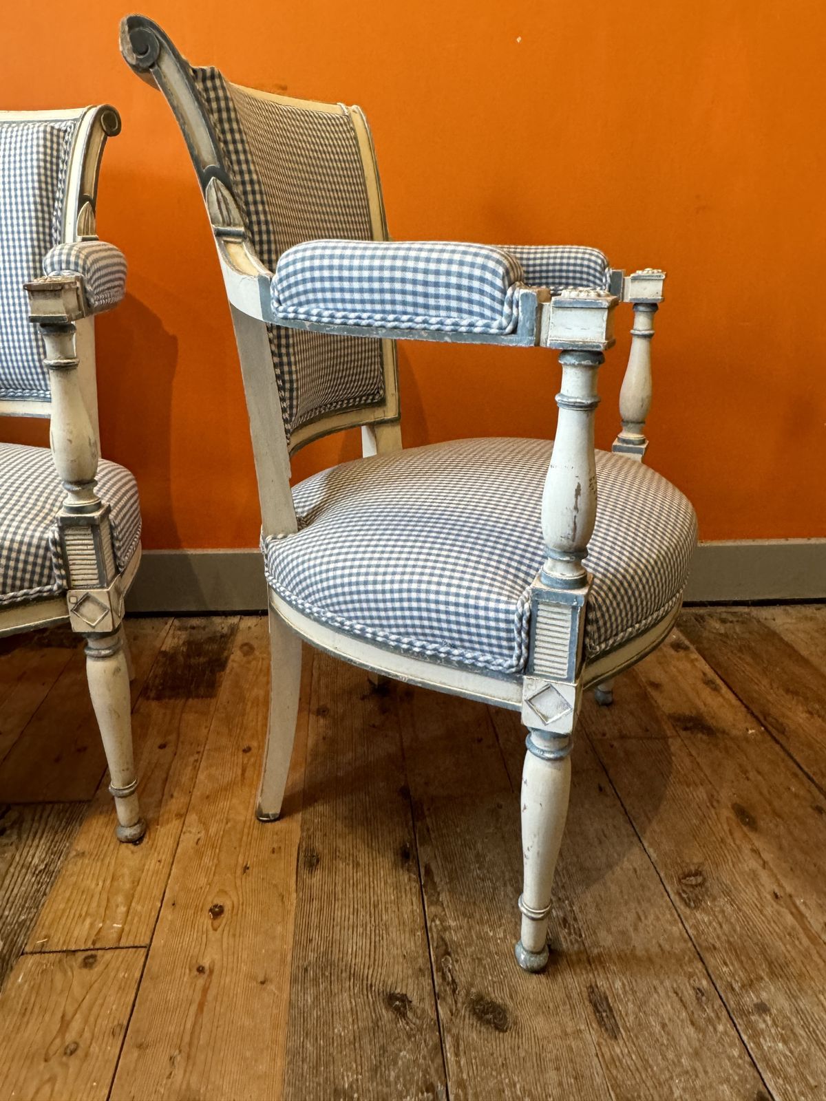 Pair Of Vintage French Painted Armchairs Upholstered In Blue & White Check Linen photo vinterior