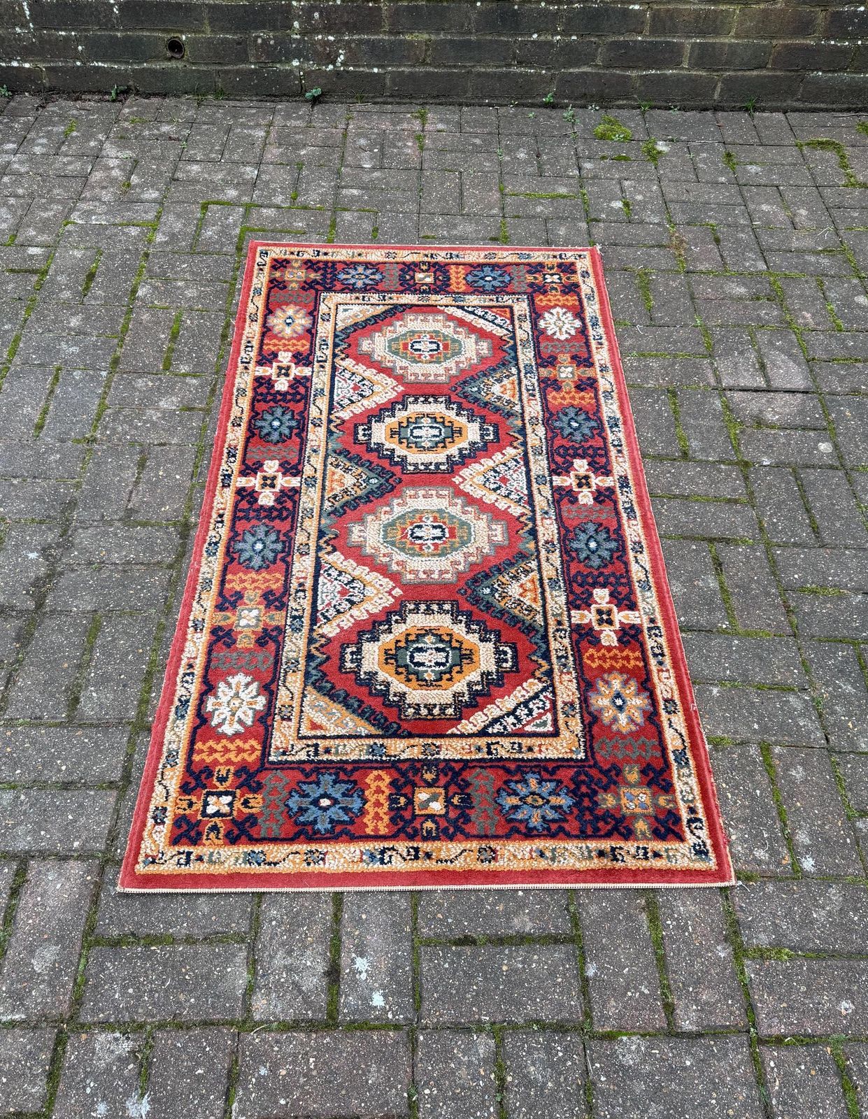 Vibrant Retro Wool Rug With Geometric Aztec Like Pattern   80cm X 150cm