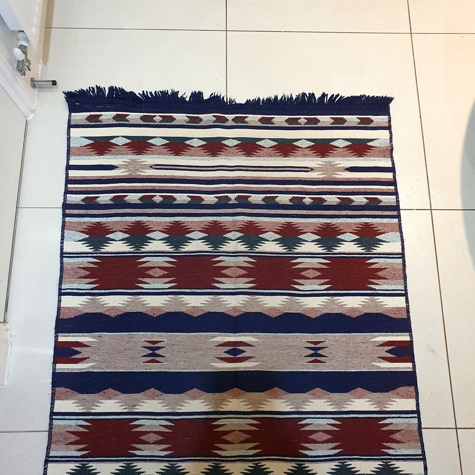 Handwoven Mexican Zapotec Wool Rug Geometric Pattern Mid Century 58" X 39" Vtg photo furniture