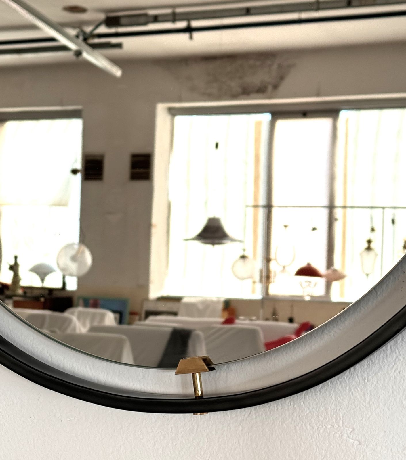 Italian Floating Wall Mirror With Leather Strap And Brass Details, 1960s photo Home Decor