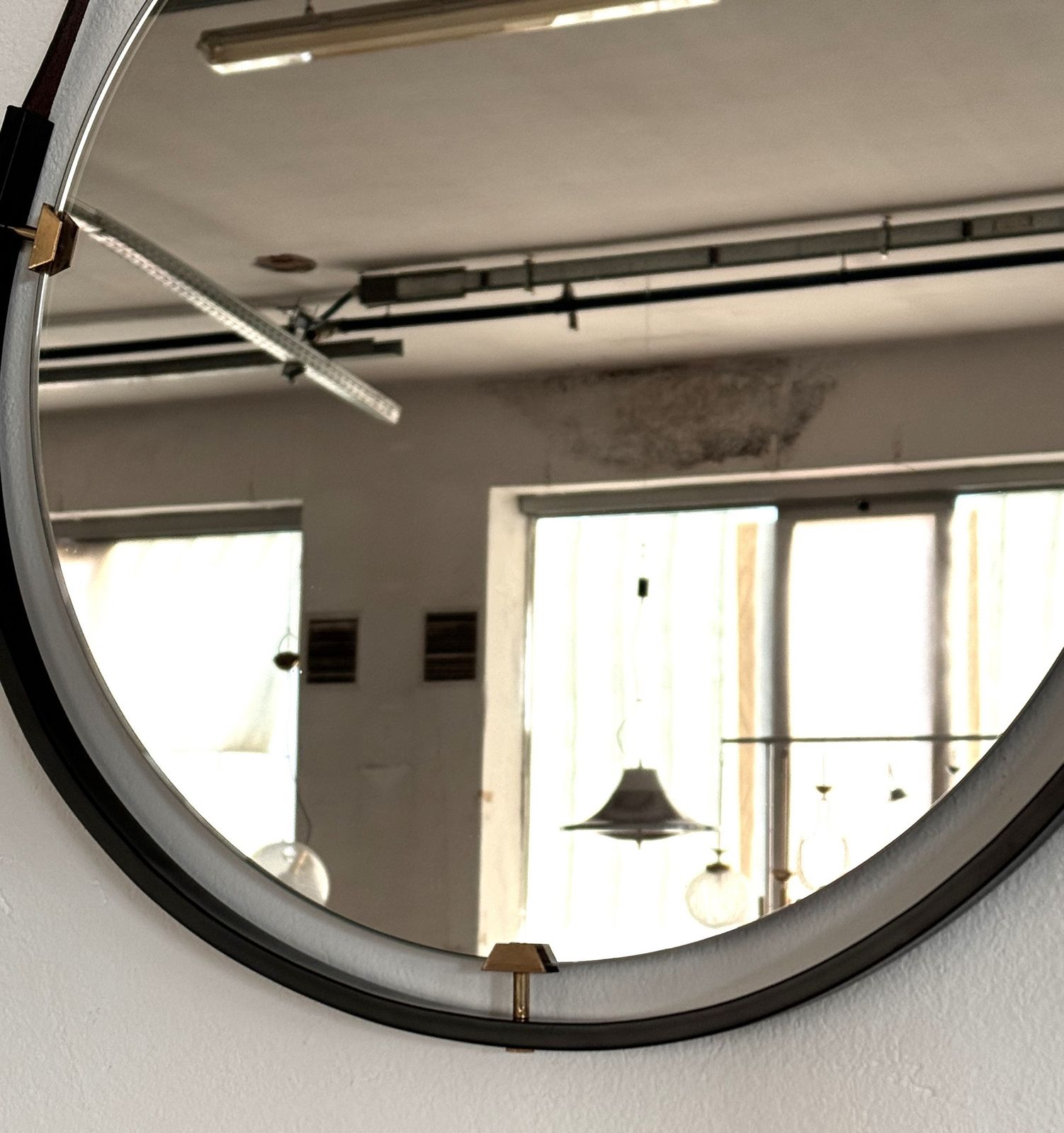 Italian Floating Wall Mirror With Leather Strap And Brass Details, 1960s photo vintage