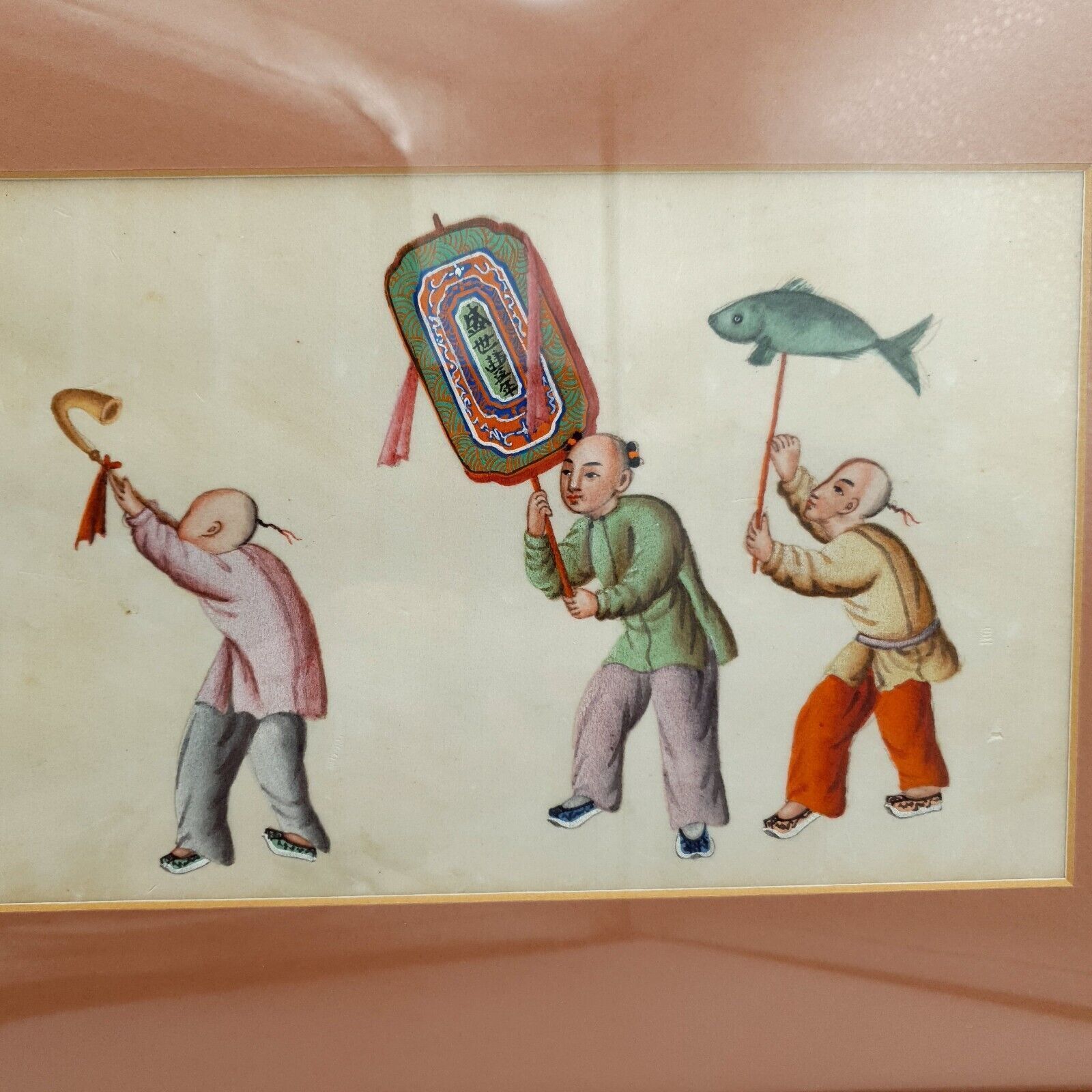 Antique Chinese Pith Paper Painting 19th Century Qing Dynasty Music Festival photo vinterior