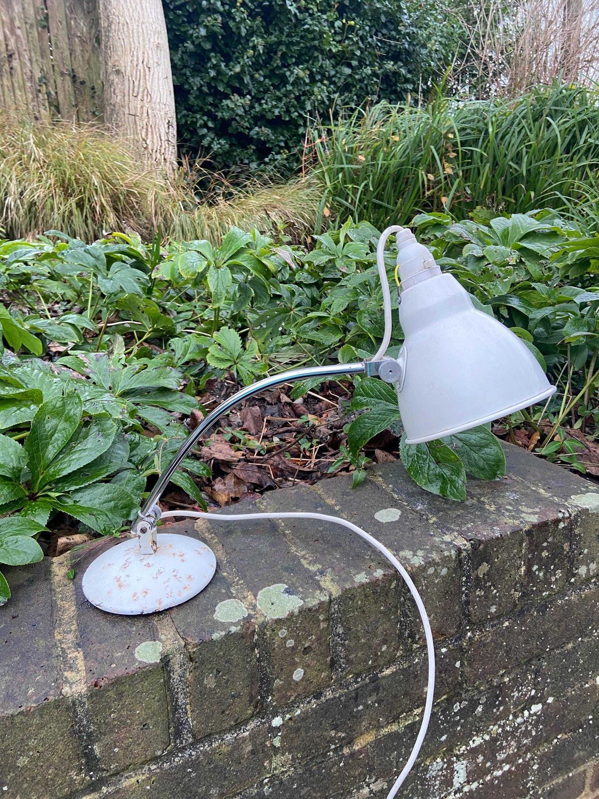 photo for sale Authentic Mid Century Desk Lamp In White And Silver Metal. Quality Retro Desk Or Study Lamp.