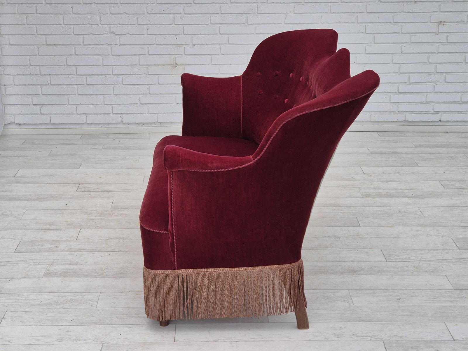 photo buy 1950s, Danish 2 Seater Sofa, Cherry Red Furniture Velour, Ash Wood.