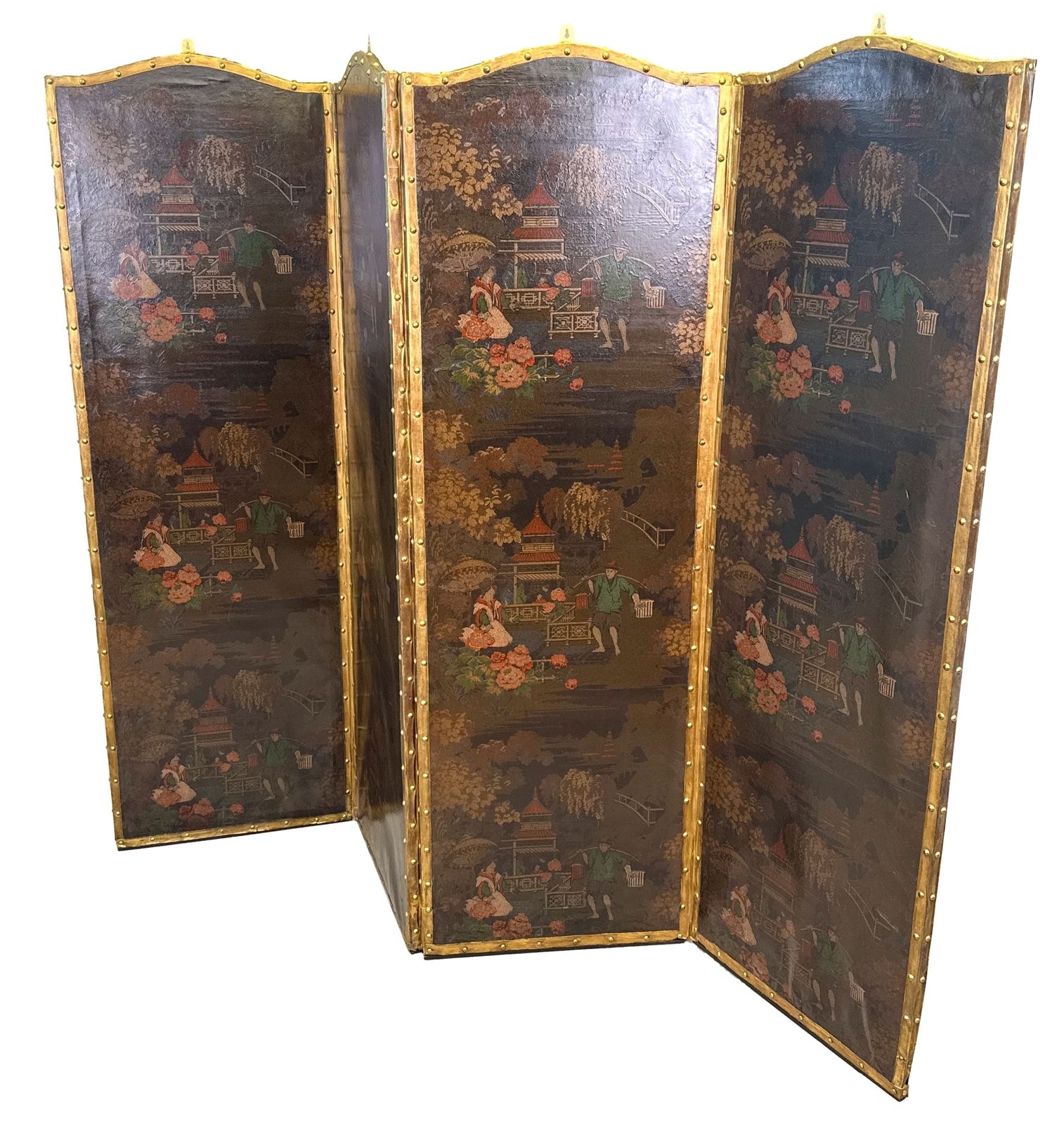 Four Fold 19th Century Chinoiserie Leather Screen (England, Circa 1890)