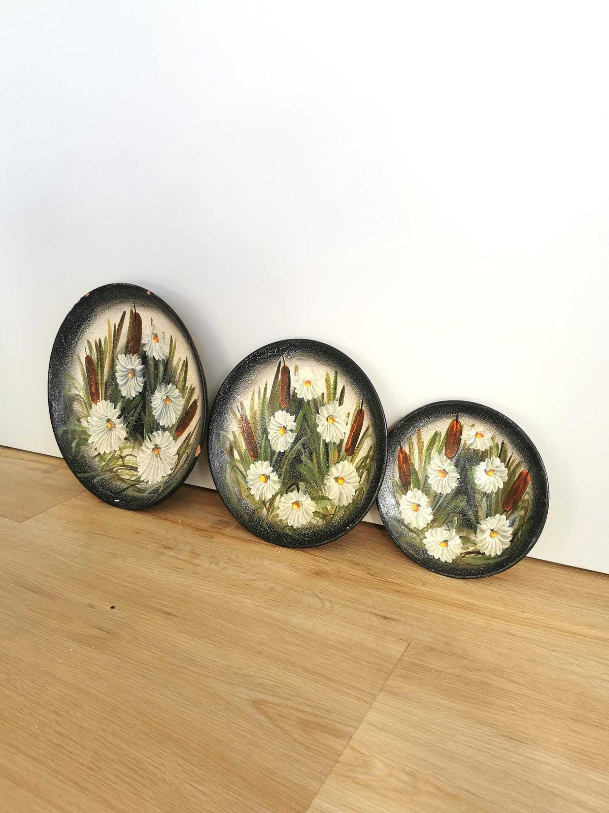 Set Of 3 Vintage Clay Wall Hanging Plates / Hand Painted Still Life Swamp Plants And White Flowers / 1970s Yugoslavia / Hand Made Home Decor