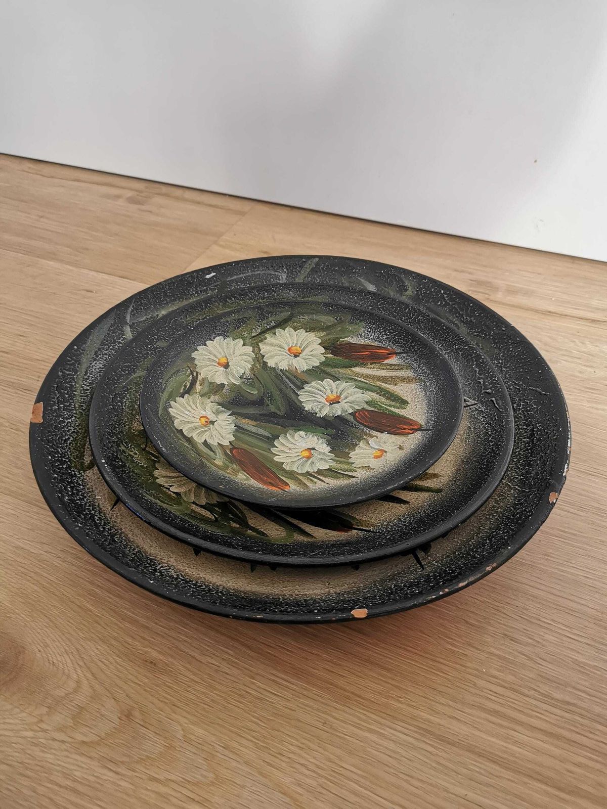 photo for sale Set Of 3 Vintage Clay Wall Hanging Plates / Hand Painted Still Life Swamp Plants And White Flowers / 1970s Yugoslavia / Hand Made Home Decor