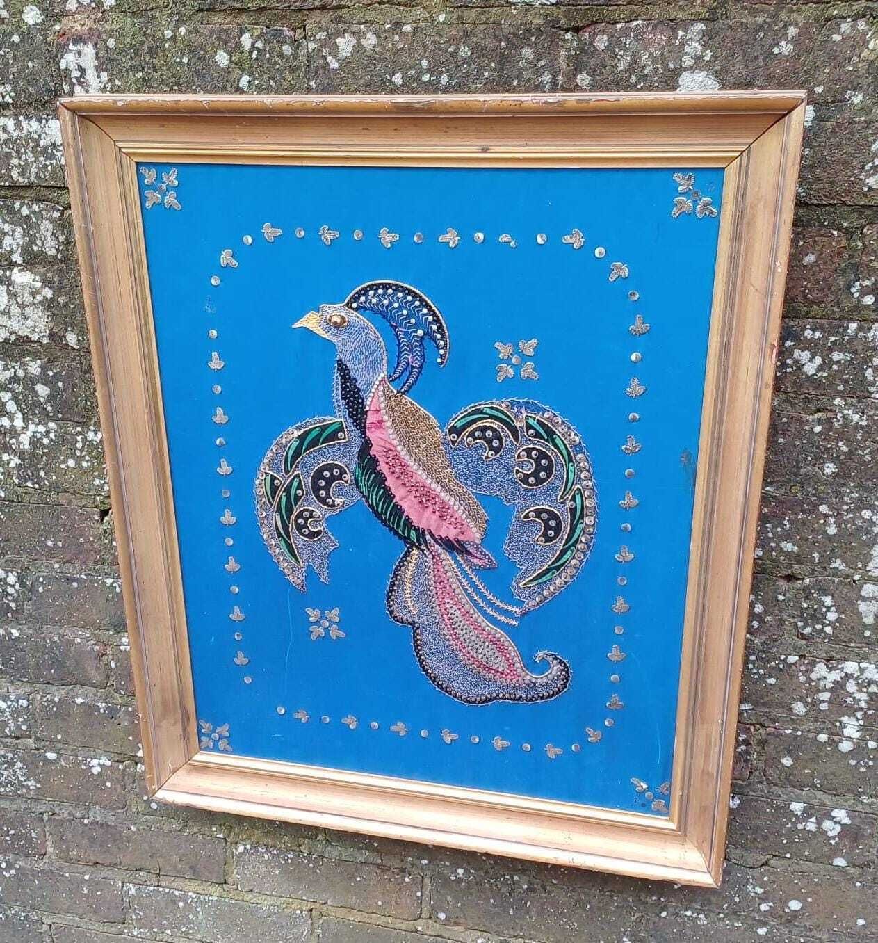 Bird Of Paradise / Chakora Vintage Collage, Needlepoint And Mixed Media Picture   Stunning Craft Work   In Vintage Gold Frame 58cm X 71cm