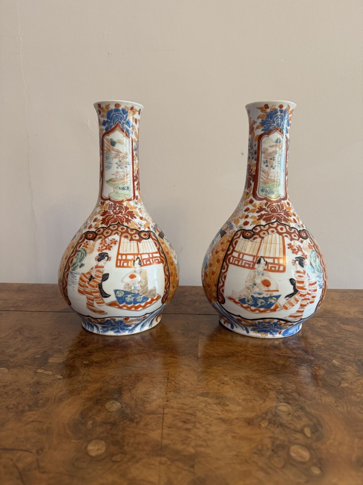 Fine Quality Pair Of Antique Japanese Imari Bottle Shaped Vases photo furniture