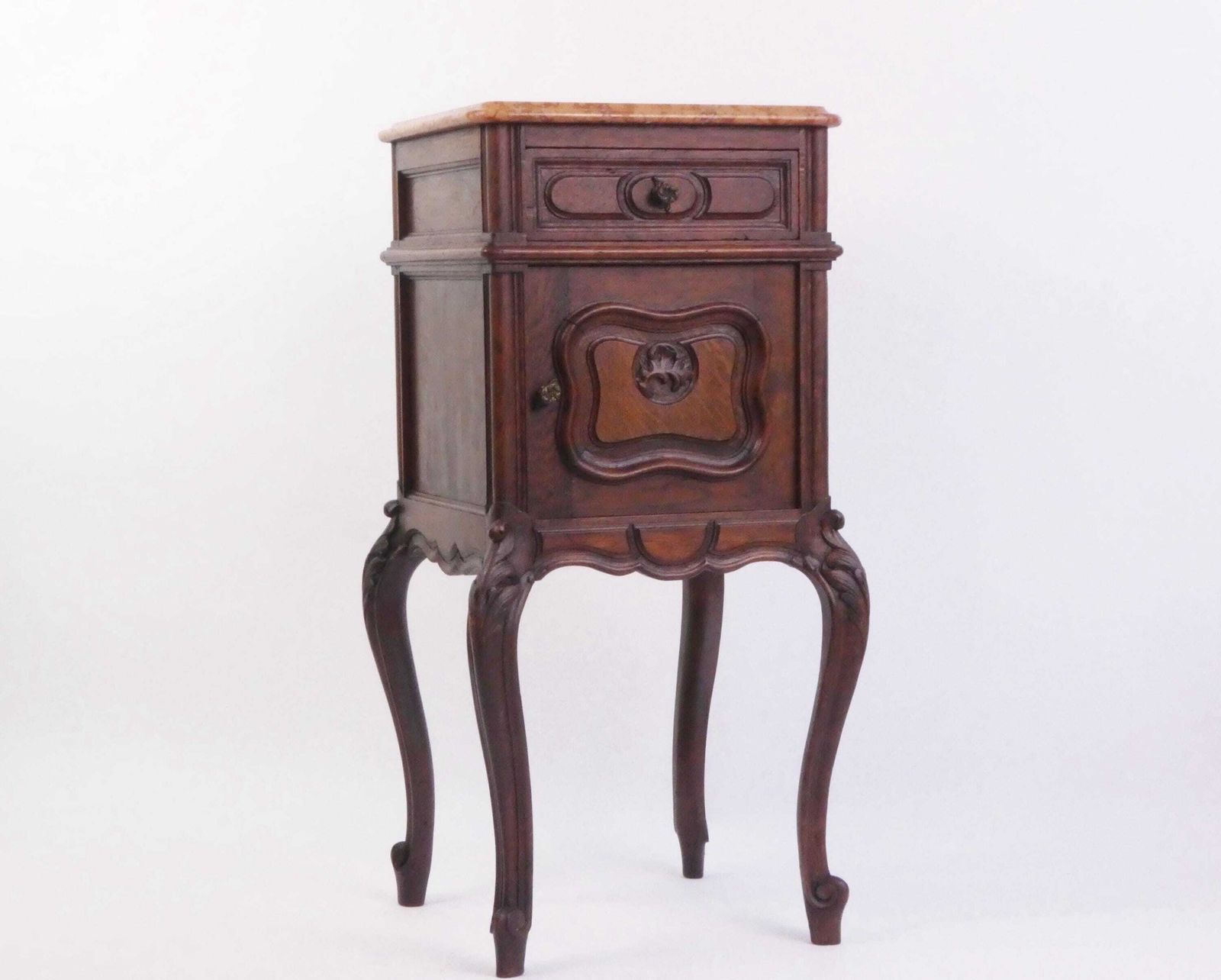 Antique French Louis XV Wooden Side Table With Marble, Walnut Carved Tall Chest, Beside Table, Entryway Furniture photo vinterior