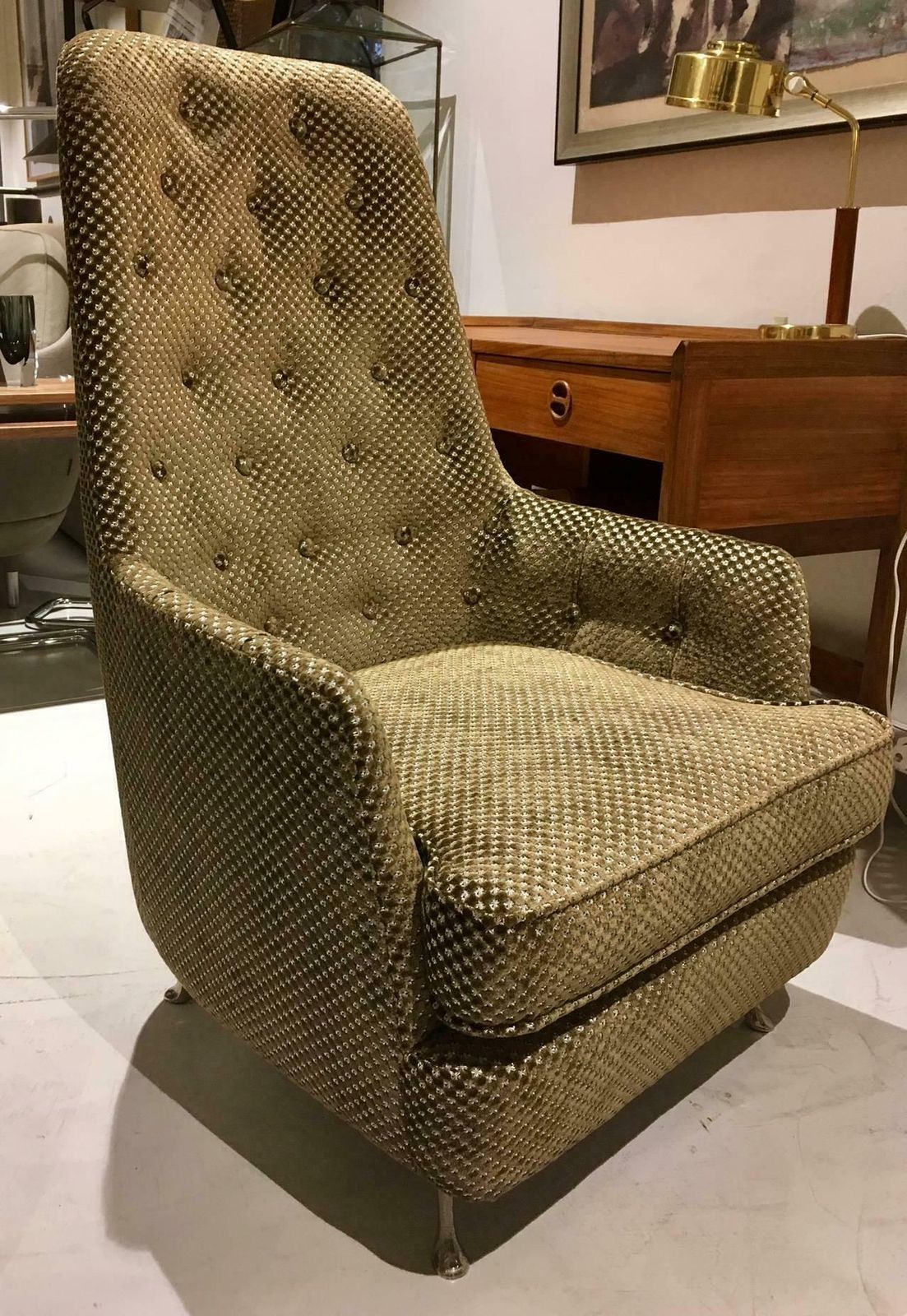 Mid Century Button Tufted Armchair With Metal Feet photo vintage