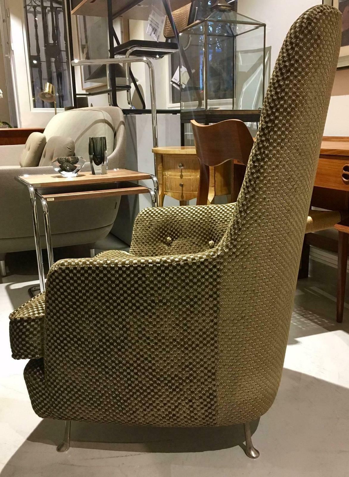 photo furniture Mid Century Button Tufted Armchair With Metal Feet