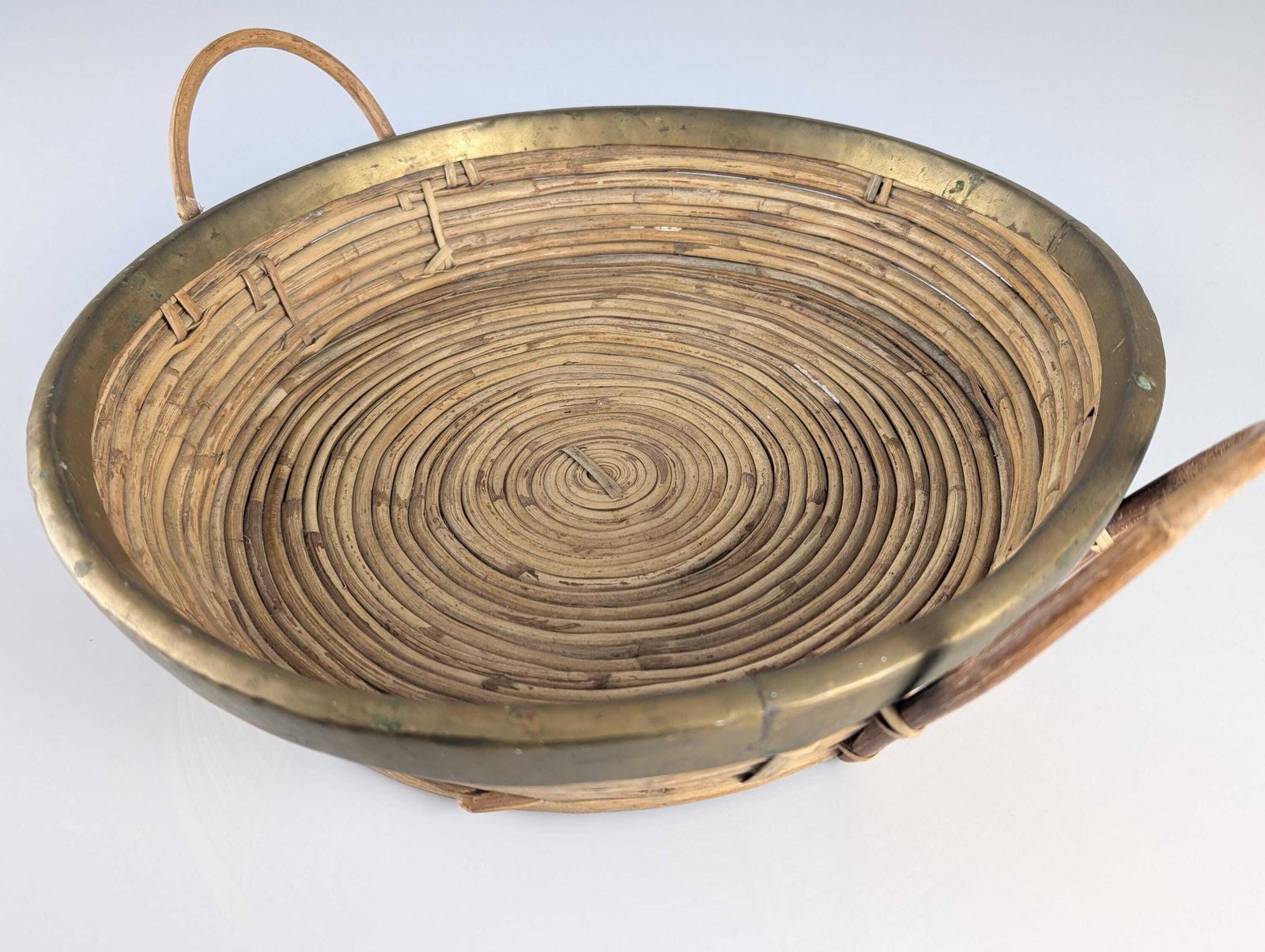 Rattan And Brass Centerpiece Basket With Handles Gabriella Crespi 1970s Style photo Home Decor