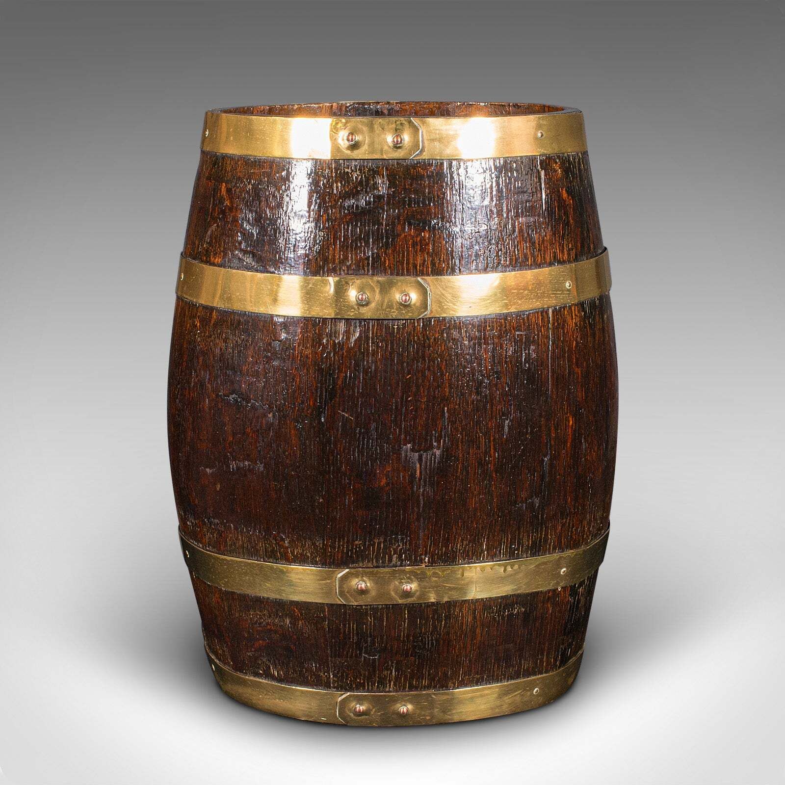 Antique Oval Stick Stand, English Oak, Coopered Barrel, Umbrella Loop, Victorian photo for sale