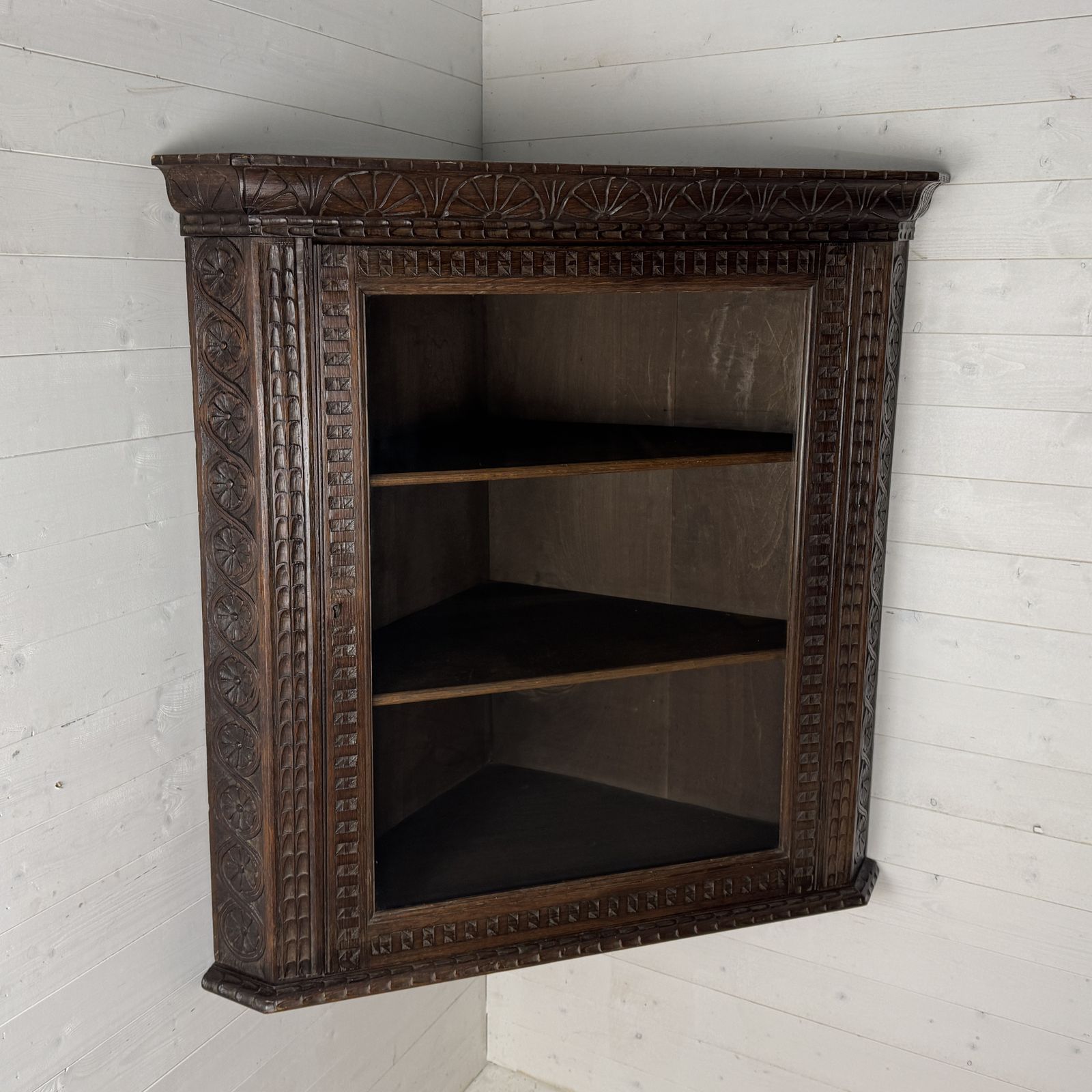 Antique Carved Oak Corner Cabinet With Key
