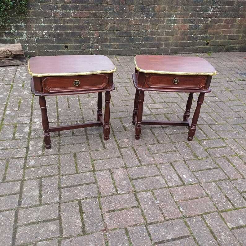 Pair Of Vintage Bedside Cupboards With Hand Painted Gold Highlights